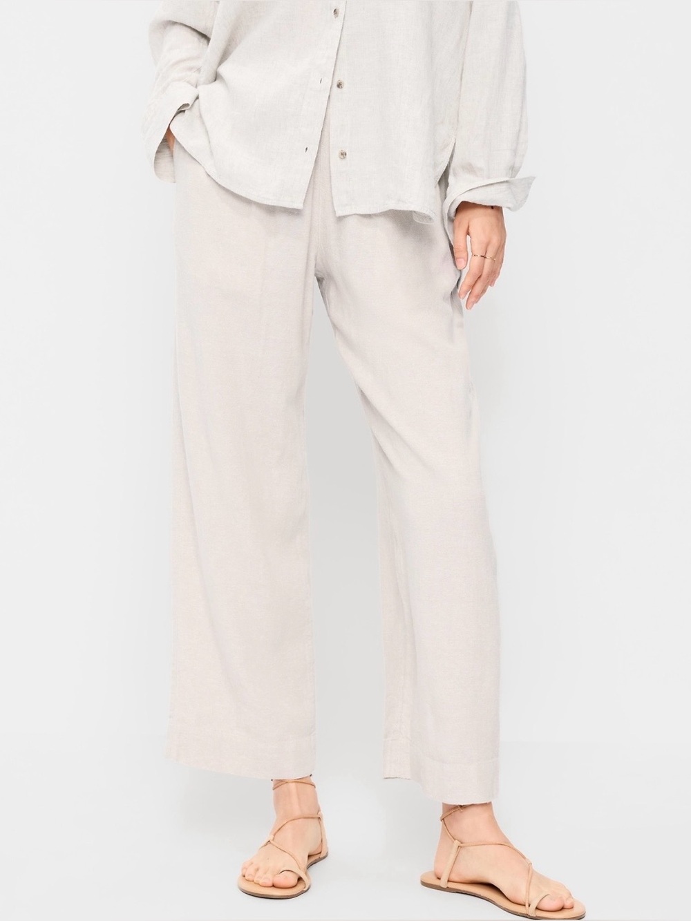 Light Tan Straight-Leg Linen Blend Elastic Waist Pants